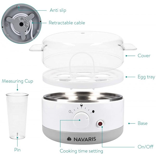 Navaris Cuiseur à Œufs Électrique Appareil Vapeur sans BPA pour 1 à 7 Œufs Œuf à la Coque Mollet ou Dur Doseur et Perce-Œufs Inclus - B07TWQT7857