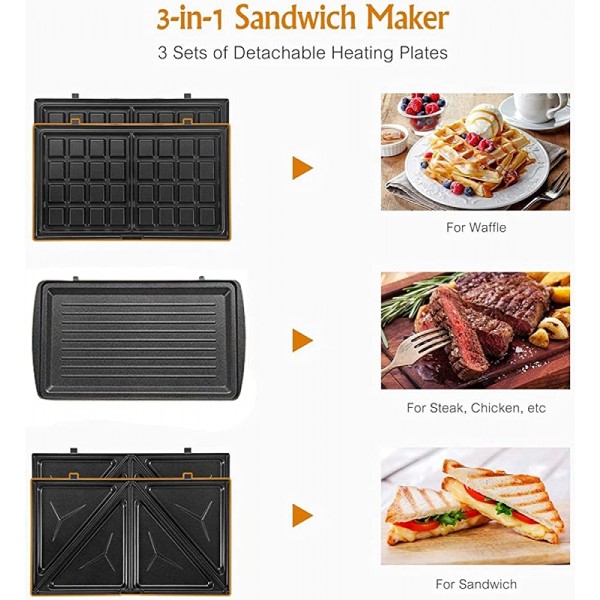 Presse à sandwich 3 en 1 machine à gaufres et à steak grille-pain à sandwich 750 W， avec 3 plaques antiadhésives amovibles - B09N8SCJQ3Y
