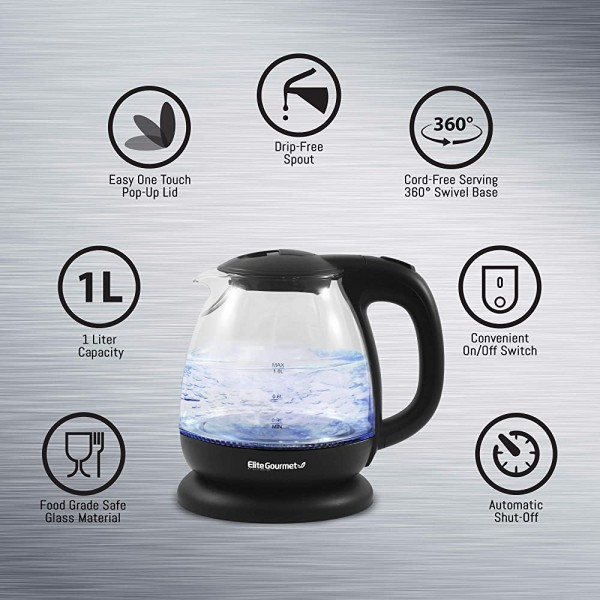 Elite Gourmet EKT1001 Electric BPA-Free Glass Kettle Cordless 360° Base Stylish Blue LED Interior Handy Auto Shut-Off Function – Quickly Boil Water For Tea & More 1L Black - B08FVFYB8YH