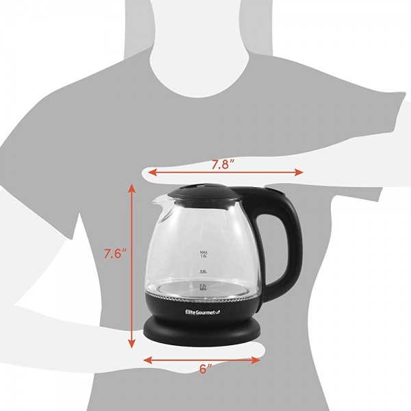 Elite Gourmet EKT1001 Electric BPA-Free Glass Kettle Cordless 360° Base Stylish Blue LED Interior Handy Auto Shut-Off Function – Quickly Boil Water For Tea & More 1L Black - B08FVFYB8YH