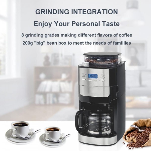 Machine à café cafetière automatique broyeur intégré réservation 24h 24 capacité du réservoir d'eau 1,6L capacité 200g de grains de café broyage en 8 étapes - B09WMGL83X4