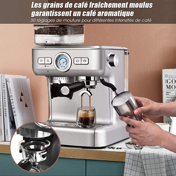 GOPLUS Machine à Café Expresso Automatique 2 Tasses avec Broyeur à Grains et Moulin 15 Niveaux de Broyage 5-15 Bars Buse de Vapeur Température Réglable Réservoir d’Eau 2L 1350W pour Cappuccino - B08P5H1Q63I
