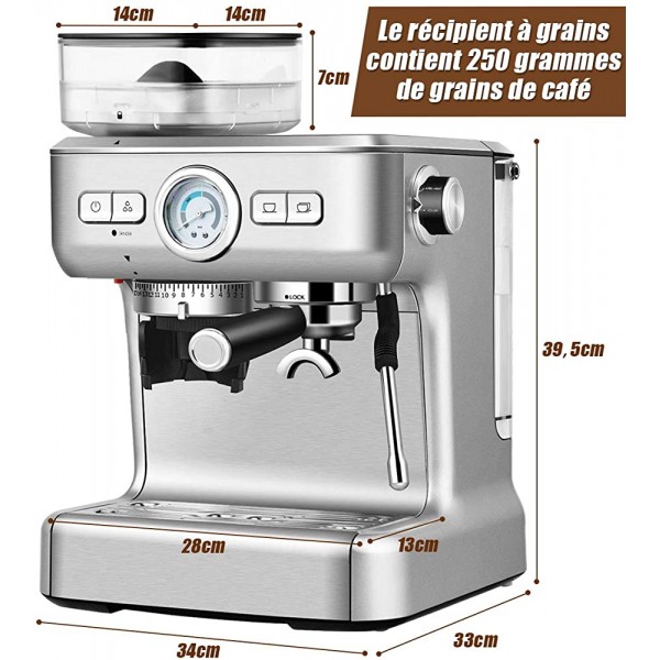 GOPLUS Machine à Café Expresso Automatique 2 Tasses avec Broyeur à Grains et Moulin 15 Niveaux de Broyage 5-15 Bars Buse de Vapeur Température Réglable Réservoir d’Eau 2L 1350W pour Cappuccino - B08P5H1Q63I