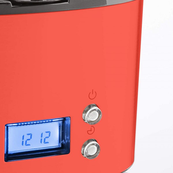 H.Koenig Cafetière Programmable à filtre Rouge Inox 1,5L 12 tasses MG30 1000W Carafe en Verre Gradué Système Anti-Gouttes Maintien au chaud Ecran LDC Arrêt auto Porte-filtre amovible lavable - B01I3MZHMWM