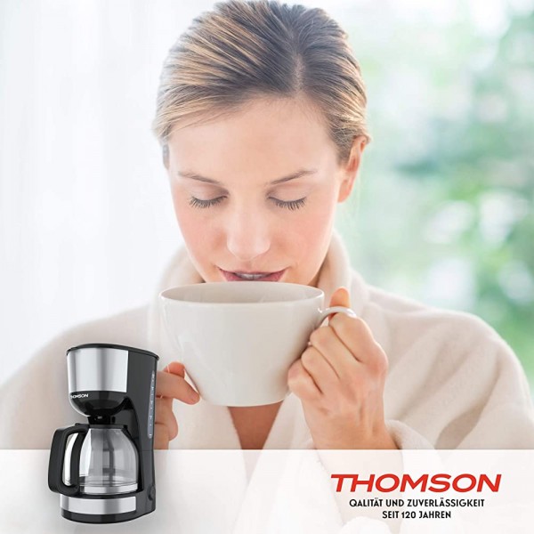 Thomson Cafetière à filtre 1,25 l THC0912IX Cafetière filtrante pour 10 à 12 tasses cafetière à filtre avec filtre permanent verseuse en verre et système anti-goutte noir argent - B089M9FCJS4