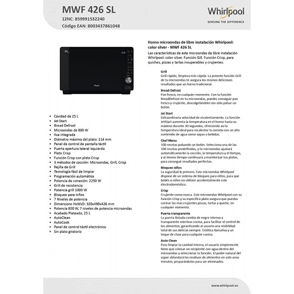 Whirlpool MWF 426 SL Four à micro-ondes 25 L Argent - B076VDPXLCZ