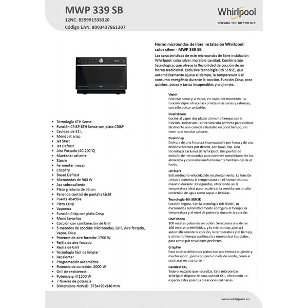 Whirlpool MWP 339 SB Micro-onde combiné 33L 900W Noir Argent Micro-ondes Micro-onde combiné 33 L 900 W Rotatif Tactil Noir Argent 1200 W - B077SQWFJB7