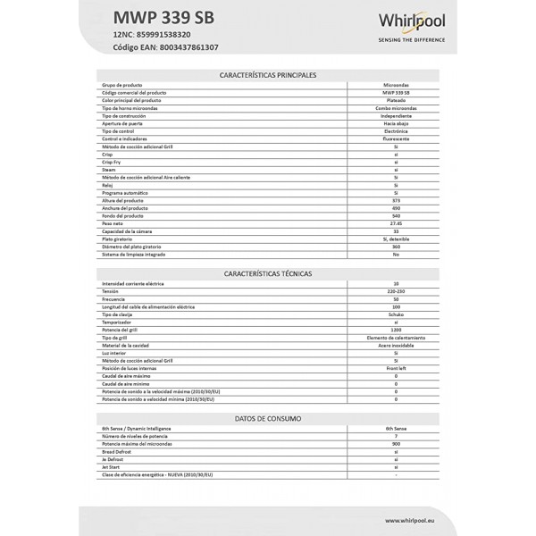 Whirlpool MWP 339 SB Micro-onde combiné 33L 900W Noir Argent Micro-ondes Micro-onde combiné 33 L 900 W Rotatif Tactil Noir Argent 1200 W - B077SQWFJB7