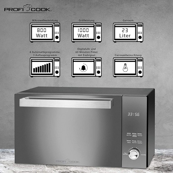 ProfiCook PC-MWG 1204 Micro-ondes avec gril 23 l Puissance de four 800 W Puissance de cuisson 1000 W Double vitrage Porte verticale avec poignée en acier inoxydable de qualité supérieure - B08C2Q4YVHA