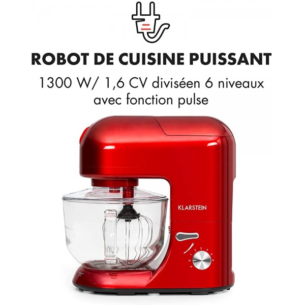 KLARSTEIN Lucia Rossa 2G Robot multifonction Robot patisserie Robot cuisine 3-en-1 Batteur mixeur hachoir 1300 W 1,7 PS de puissance 6 niveaux Fonction pulse Sans BPA et goût neutre Rouge - B07P15QHMNB