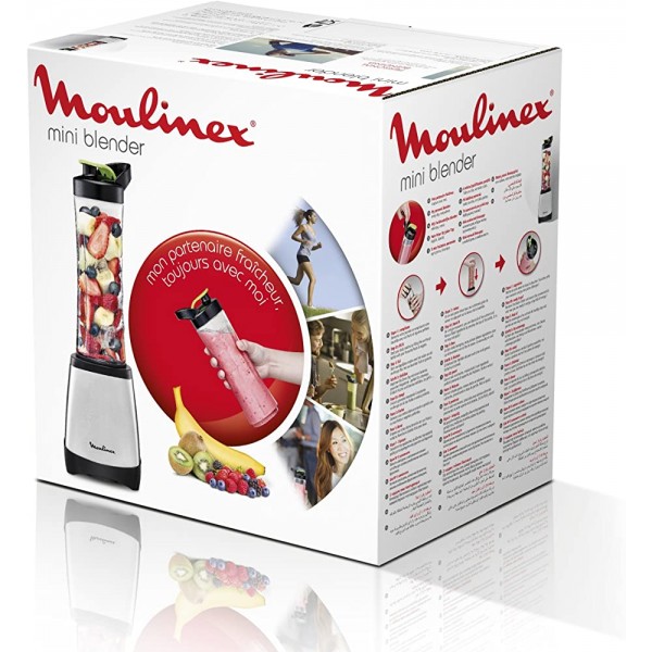 Moulinex LM1A0D10 Mini Blender Mixeur Électrique Personal Blender Capacité 0,6L Gourde Nomade Smoothie Soupe 300W Inox - B01LB9L8O09