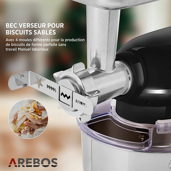 Arebos 6 en 1 Robot cuisine multifonction 1500W | Noir | Robot pâtisserie | Mixeur et hachoir à viande | machine à pâtes | 6 vitesses | Fonction Pulse | Bol en inox 5,5 L | Pichet en verre 1,5 L - B09JP1WMHCD