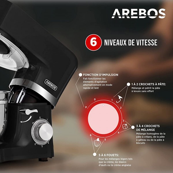 Arebos 6 en 1 Robot cuisine multifonction 1500W | Noir | Robot pâtisserie | Mixeur et hachoir à viande | machine à pâtes | 6 vitesses | Fonction Pulse | Bol en inox 5,5 L | Pichet en verre 1,5 L - B09JP1WMHCD