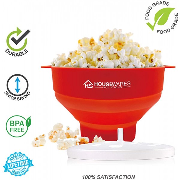 Collapsible Silicone Microwave Hot Air Popcorn Popper Bowl With Lid and Handles Red - B01M6ZKZPN2