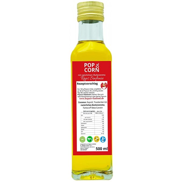 Hopser Food Fun d'huile pour pop-corn 500ml au goût fin de beurre naturel et bec verseur pratique - B08R6BJS9G3