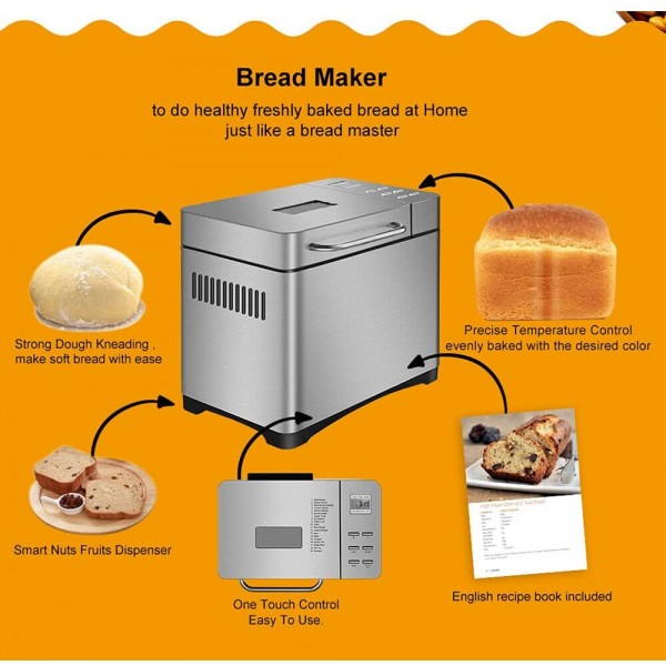 Machine à pain automatique machine à pain automatique machine à pain automatique avec distributeur d'écrous à fruits 17 programmes automatiques minuterie de 15 heures - B09YRLPQ7RX