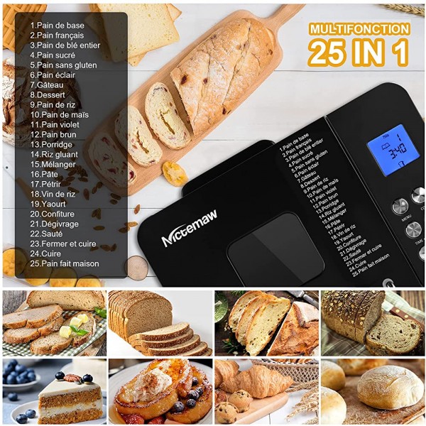 Nictemaw Machine à pain 25 programmes automatique avec Minuteur de 15 h pour pains yaourt biscuits confitures Capacité 1000 g 500 W - B09BTNW6Z25