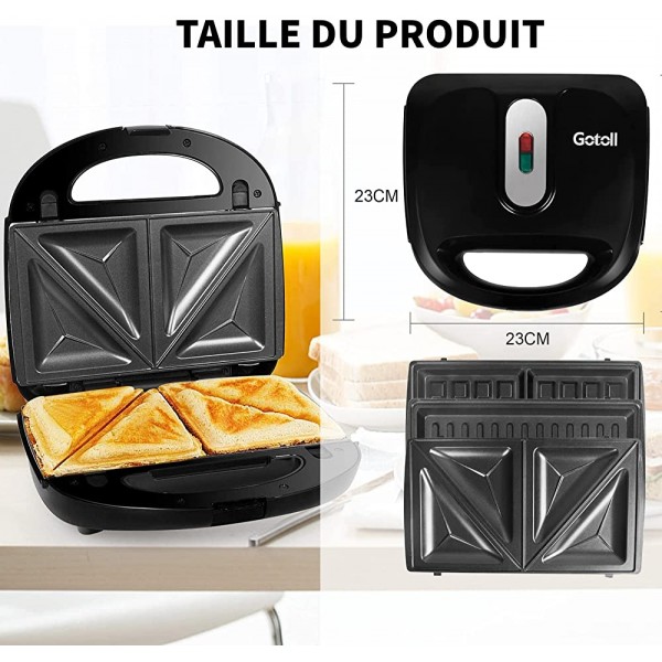 Gotoll Appareil à Croques Monsieur Gaufrier 3 en 1 Machine à Sandwich Maker Gauffre Presse Toaster Pain Plaques Remplaçables 750W Noir - B0875PKGLKE
