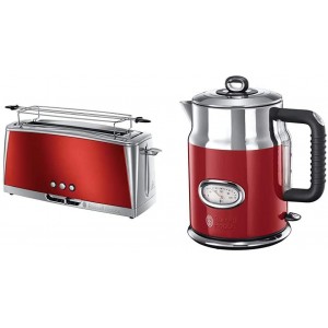 Russell Hobbs Toaster Grille-Pain Spécial Baguette Cuisson Rapide Chauffe Viennoiserie Rouge & Russell Hobbs Bouilloire 1,7L Ebullition Rapide Couvercle Amovible Design Vintage Rouge - B08R3XHKNSV